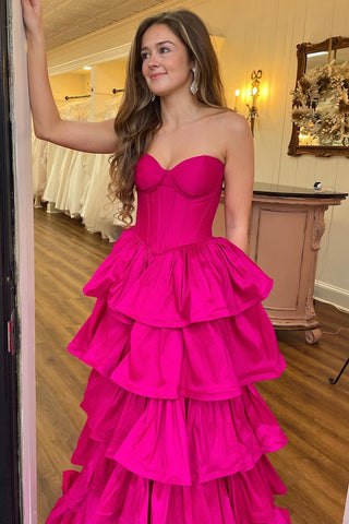 Fuchsia Sweetheart A-Line Satin Tiered Long Corset Prom Dress