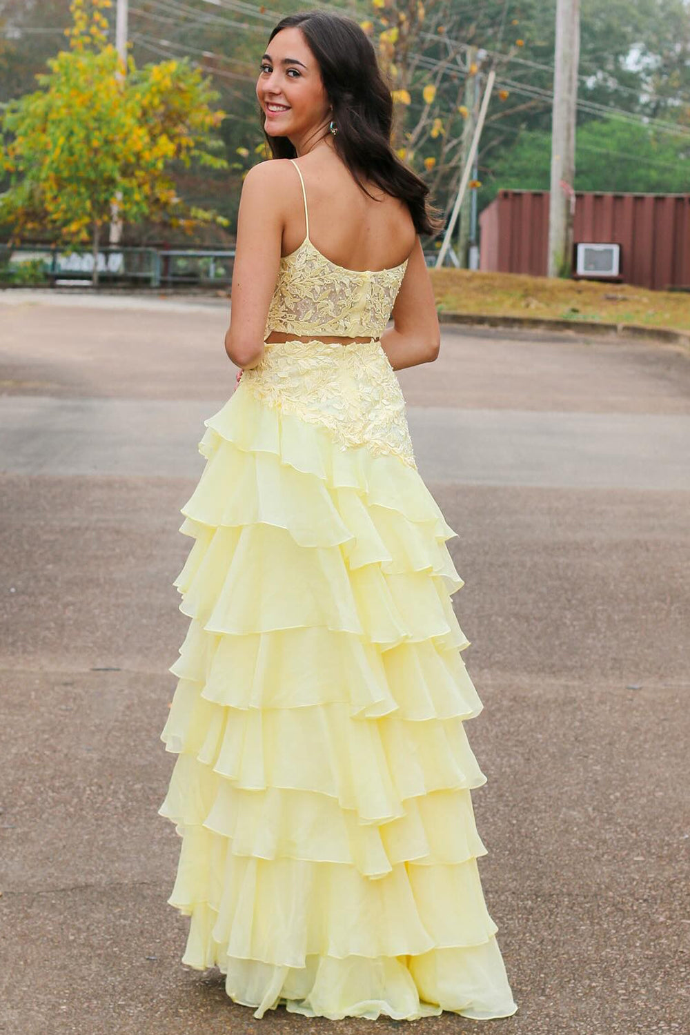 Yellow Spaghetti Straps A-Line Chiffon Tiered Long Prom Dress with Appliques