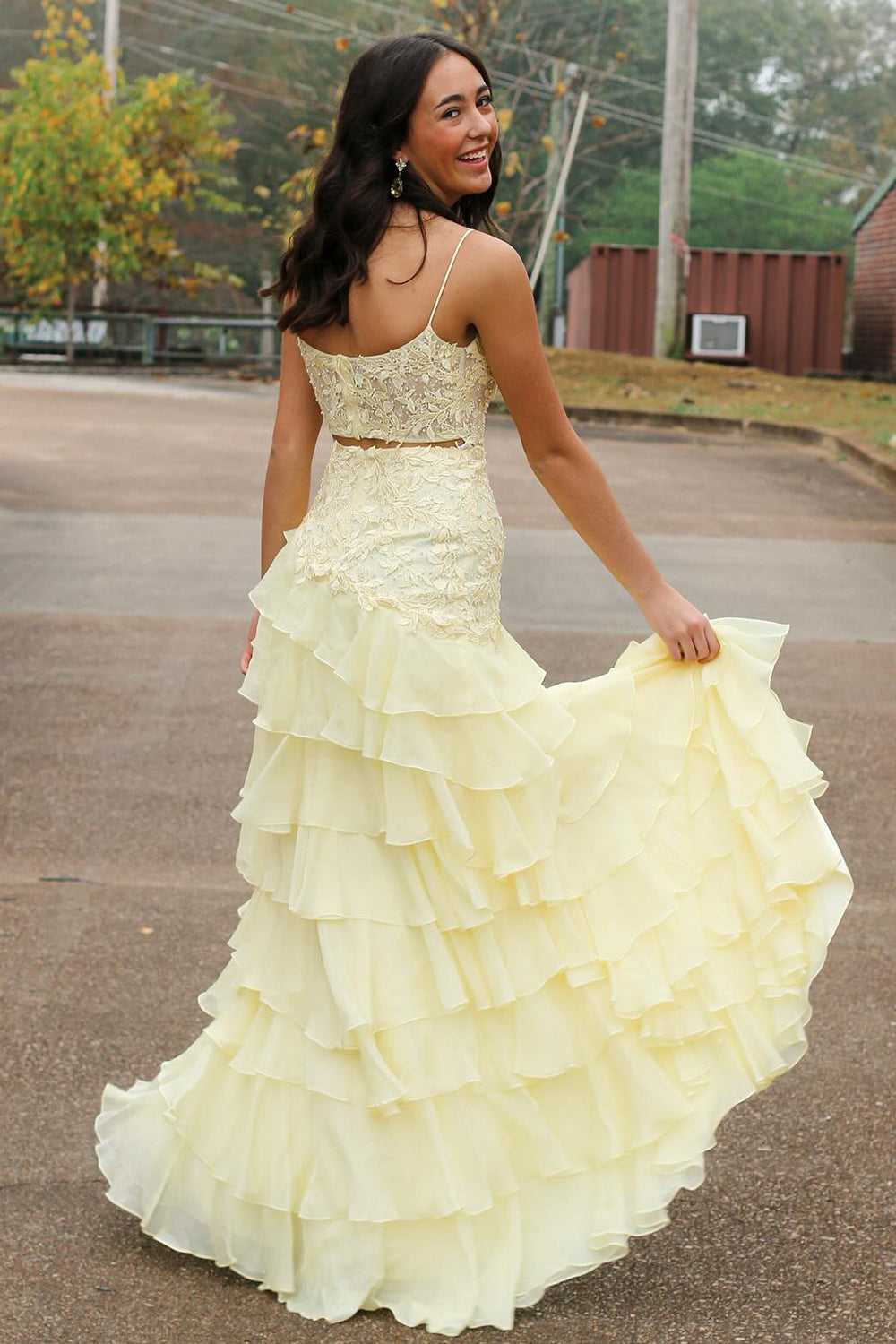Yellow Spaghetti Straps A-Line Chiffon Tiered Long Prom Dress with Appliques