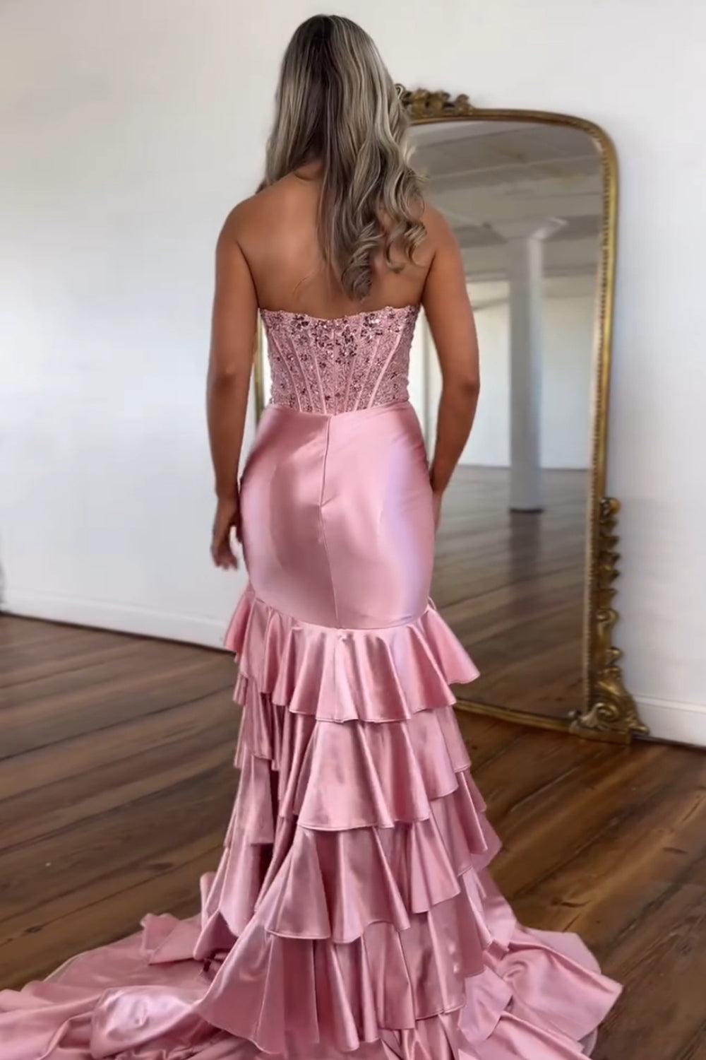 Blush Strapless Mermaid Satin Tiered Long Prom Dress with Sequins