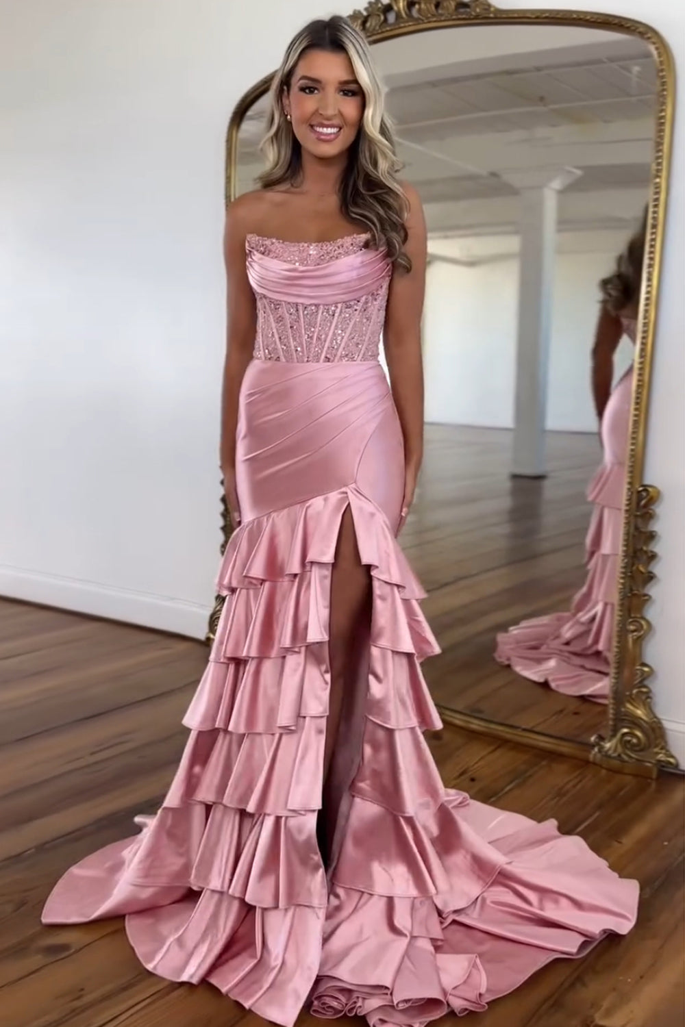 Blush Strapless Mermaid Satin Tiered Long Prom Dress with Sequins