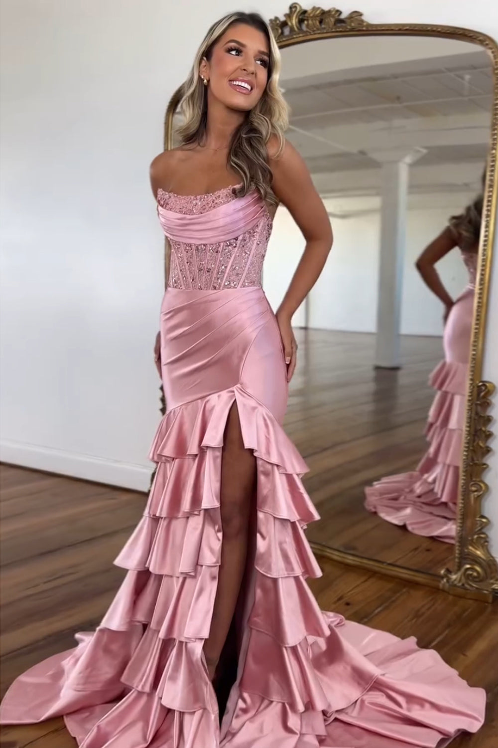 Blush Strapless Mermaid Satin Tiered Long Prom Dress with Sequins