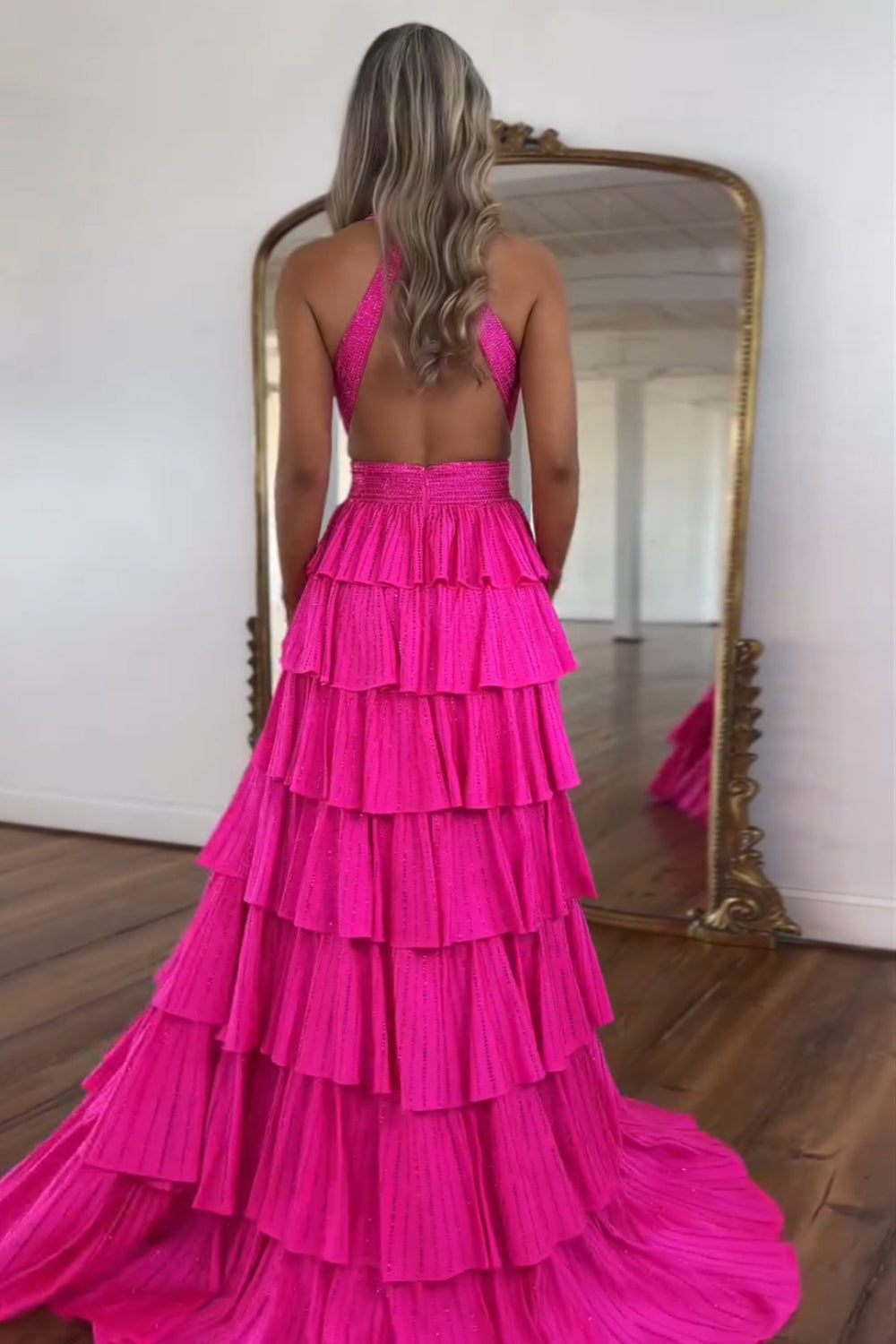 Fuchsia Halter Neck A-Line Beaded Tiered Long Corset Prom Dress with Slit