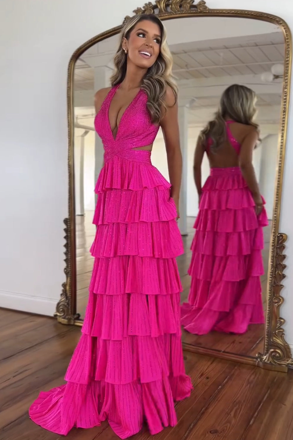 Fuchsia Halter Neck A-Line Beaded Tiered Long Corset Prom Dress with Slit