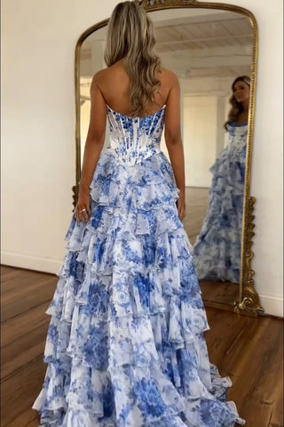 Blush Sweetheart A-Line Chiffon Floral Ruffled Long Corset Prom Dress with Slit