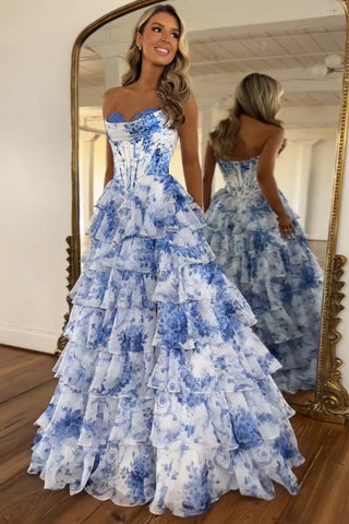 Blush Sweetheart A-Line Chiffon Floral Ruffled Long Corset Prom Dress with Slit