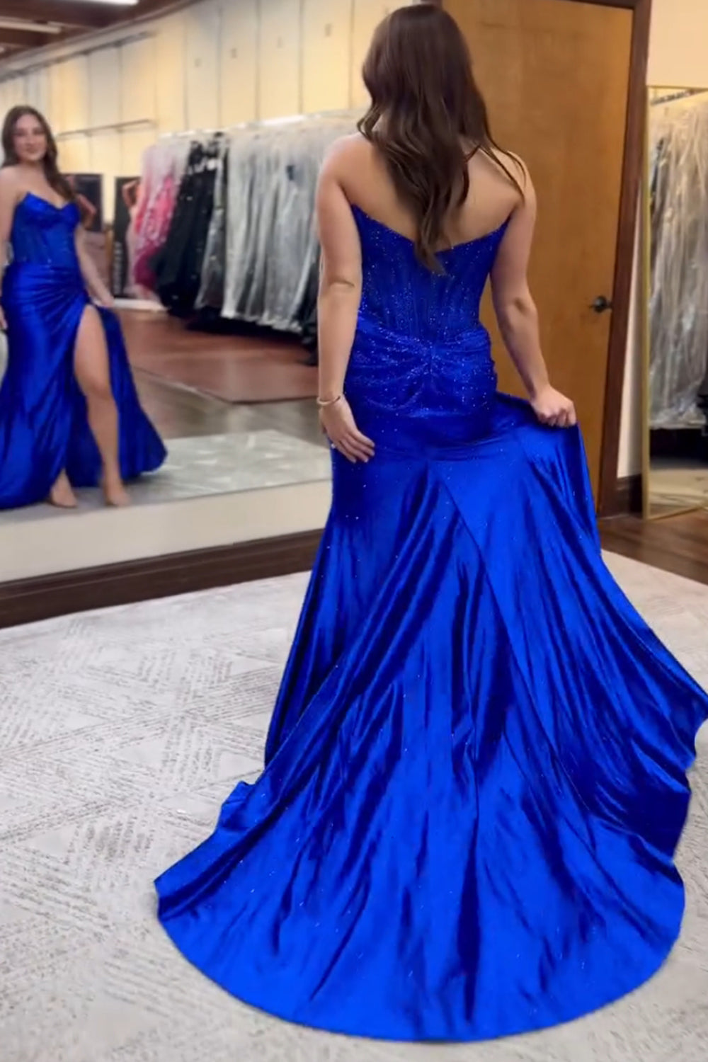 Royal Blue Sweetheart Satin Mermaid Long Corset Prom Dress with Beading