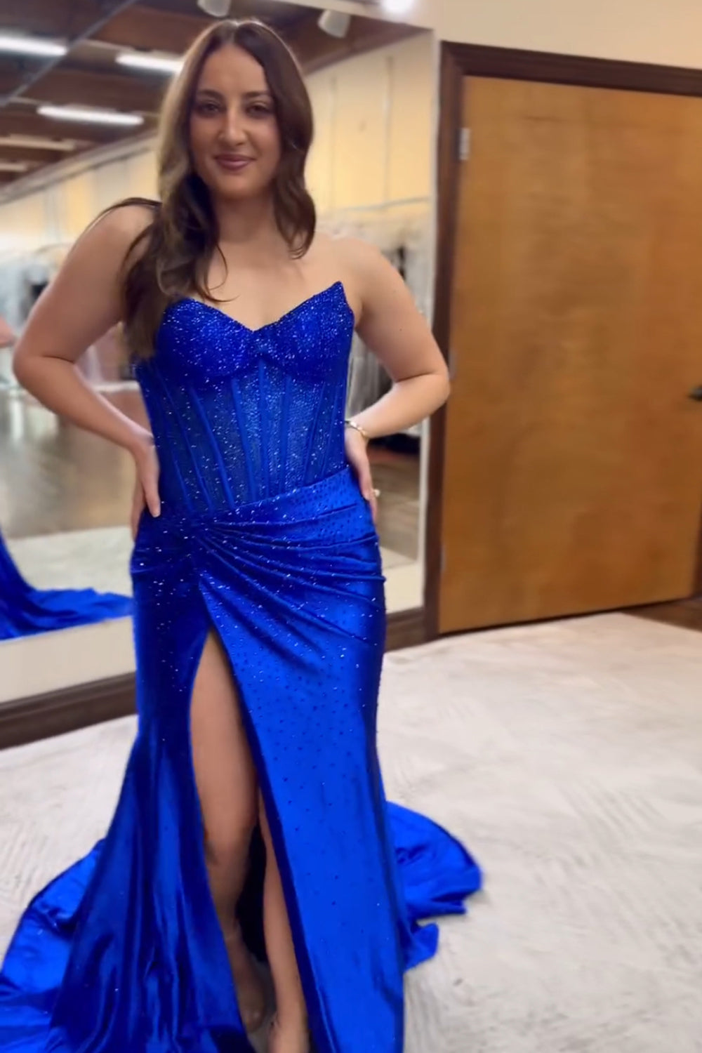 Royal Blue Sweetheart Satin Mermaid Long Corset Prom Dress with Beading