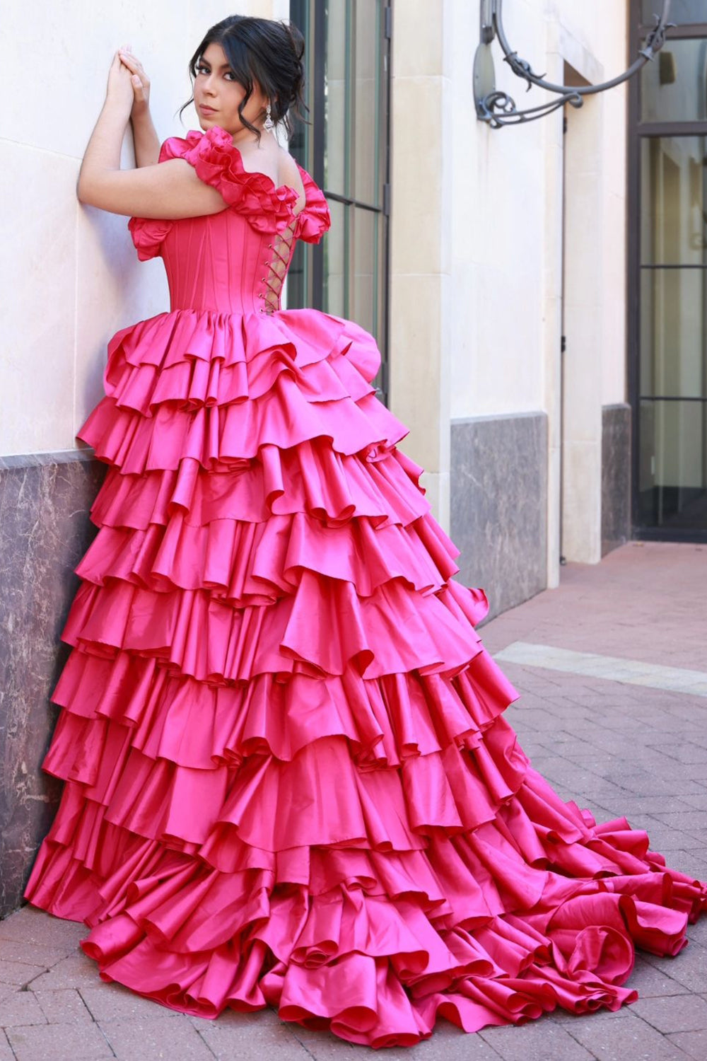 Fuchsia Off the Shoulder A-Line Satin Tiered Long Corset Prom Dress with Ruffles