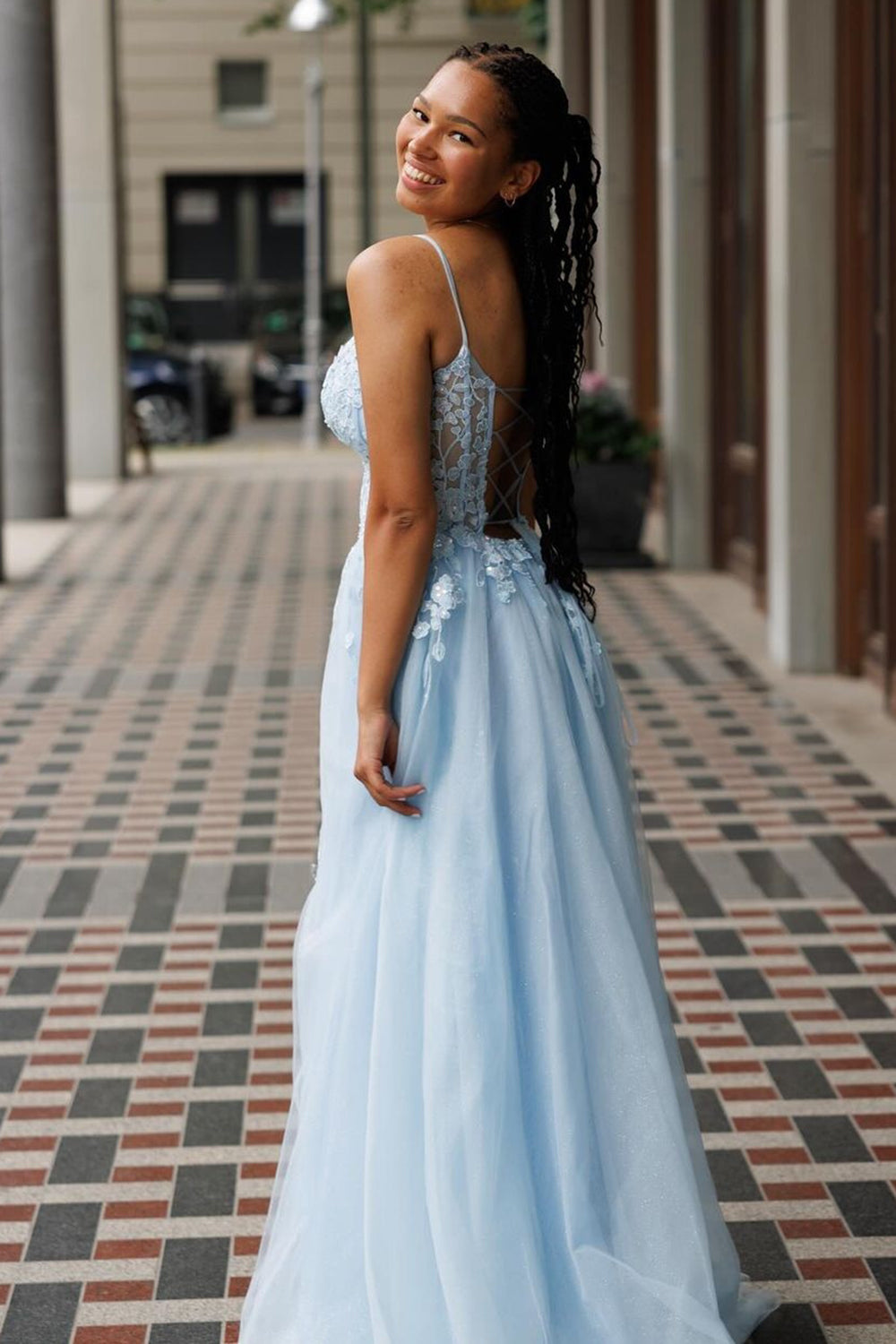 Light Blue Spaghetti Straps Tulle A-Line Long Corset Prom Dress with Appliques