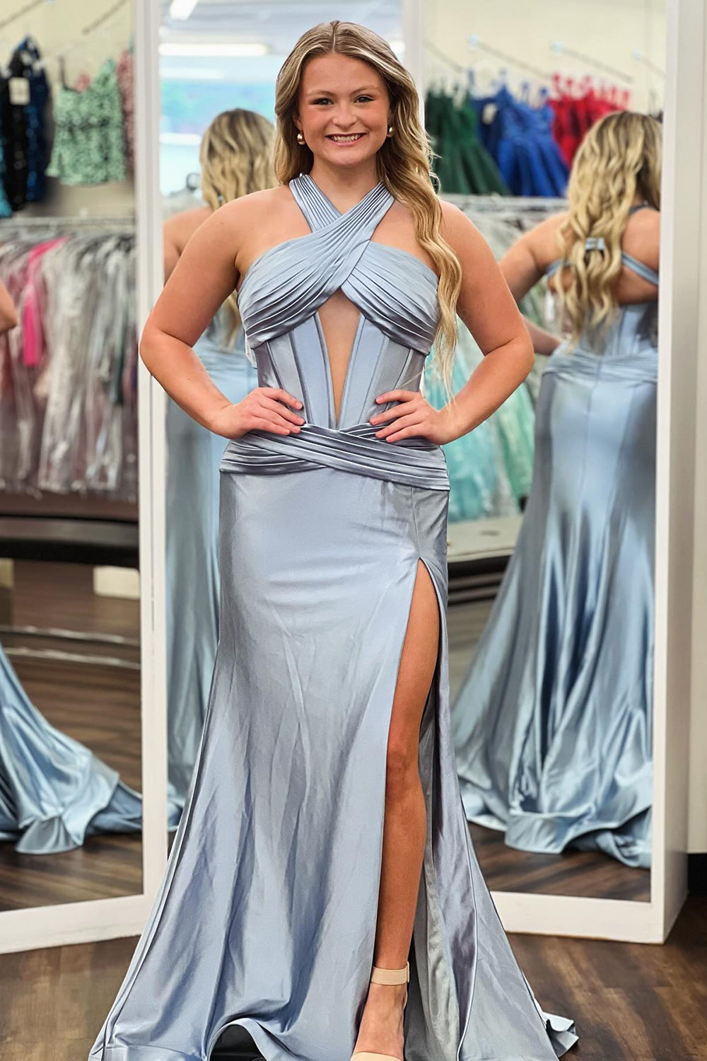 Dark Green Halter Neck Meramid Satin Long Corset Prom Dress with Slit