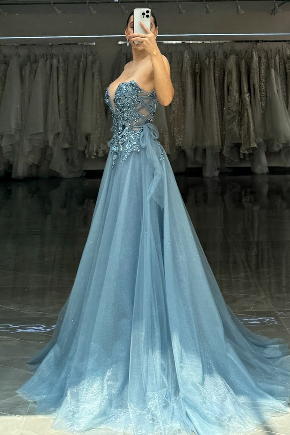 Sparkly Grey Blue Sweetheart A-Line Tulle Long Corset Prom Dress with Appliques