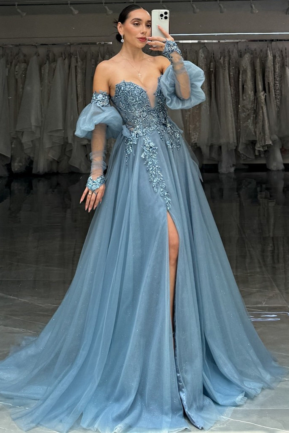 Sparkly Grey Blue Sweetheart A-Line Tulle Long Corset Prom Dress with Appliques