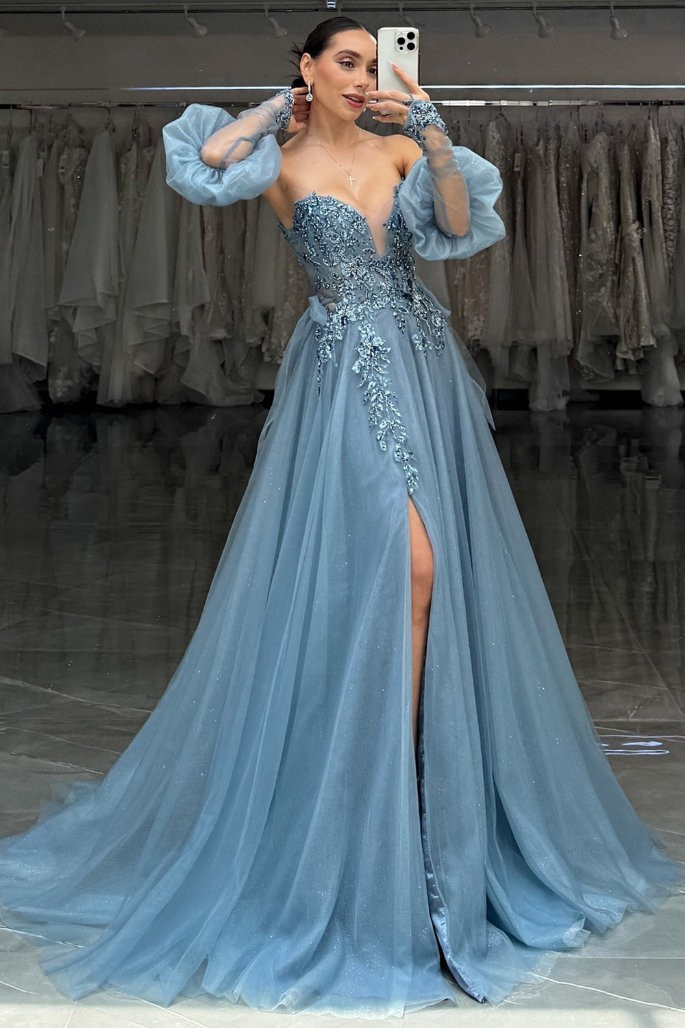 Sparkly Grey Blue Sweetheart A-Line Tulle Long Corset Prom Dress with Appliques