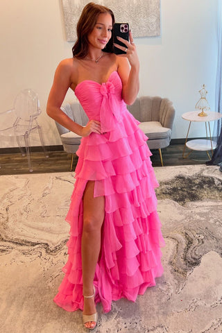 Fuchsia Sweetheart A-Line Chiffon Tiered Long Prom Dress with Slit
