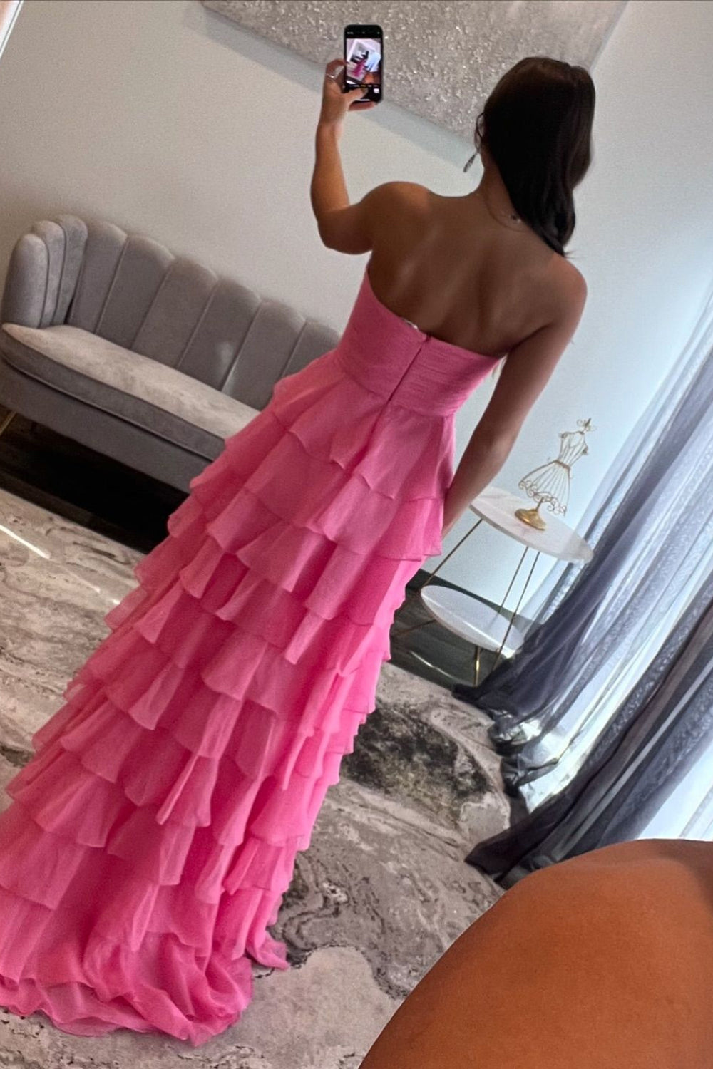 Fuchsia Sweetheart A-Line Chiffon Tiered Long Prom Dress with Slit