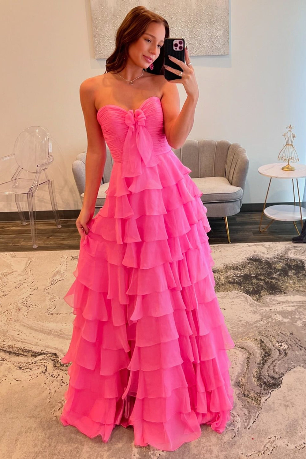 Fuchsia Sweetheart A-Line Chiffon Tiered Long Prom Dress with Slit