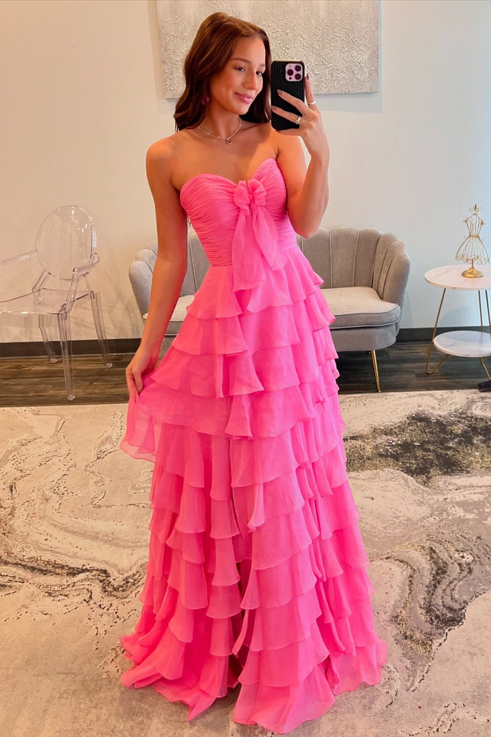 Fuchsia Sweetheart A-Line Chiffon Tiered Long Prom Dress with Slit