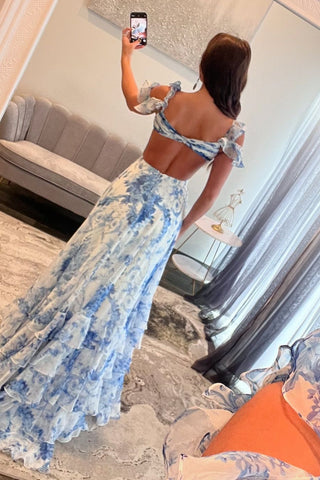 Blue White Flower Printed V-neck A-Line Chiffon Tiered Long Prom Dress with Slit