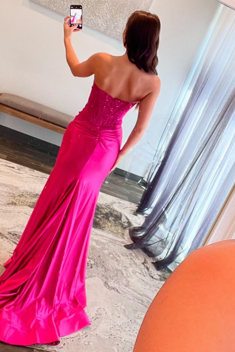 Sparkly Fuchsia Strapless Mermaid Satin Long Corset Prom Dress with Sequins
