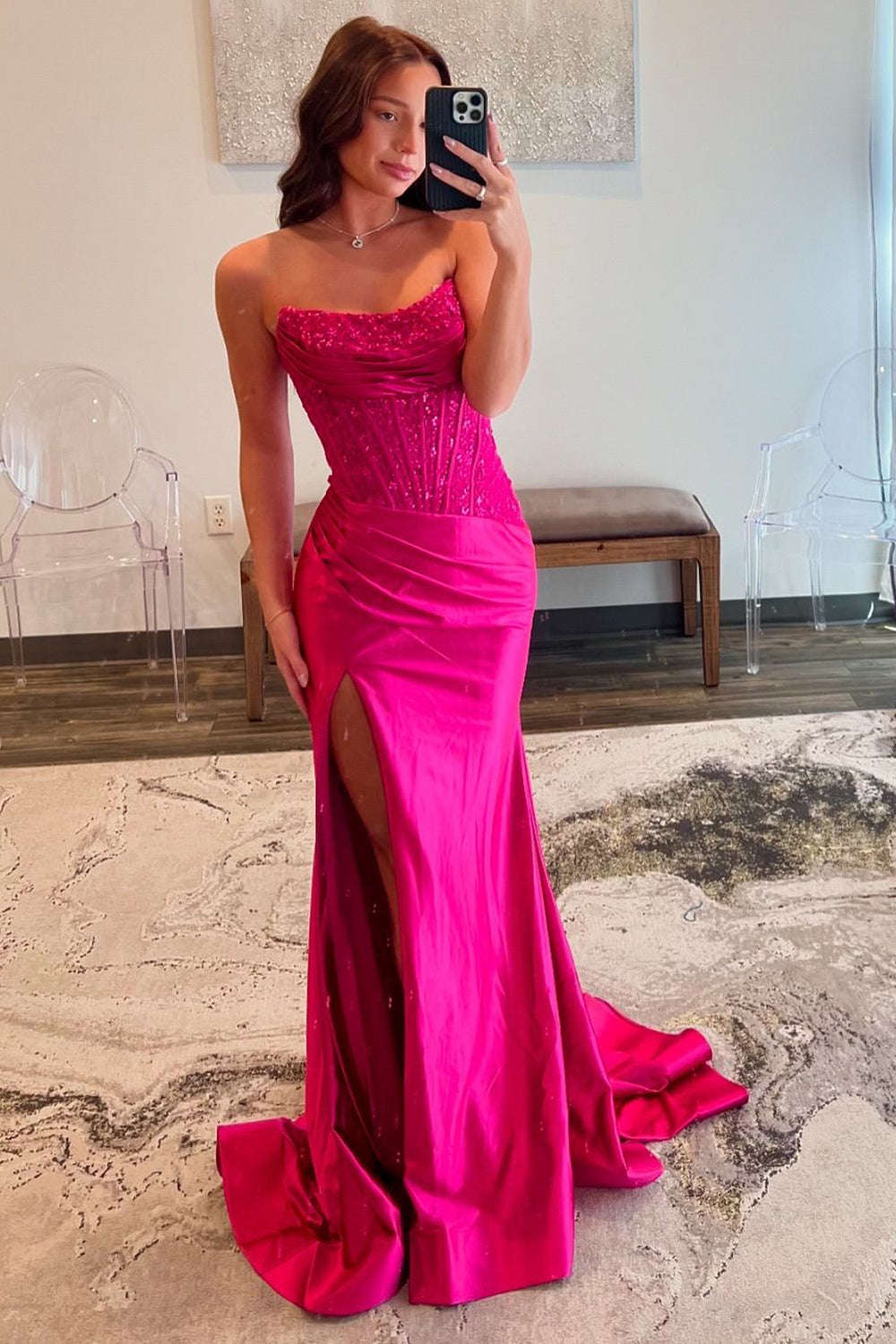 Sparkly Fuchsia Strapless Mermaid Satin Long Corset Prom Dress with Sequins