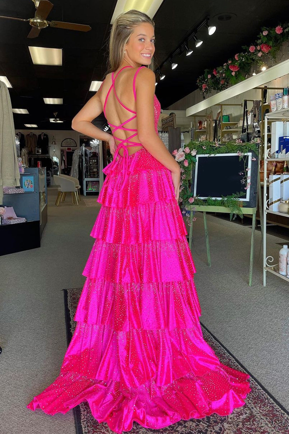 Glitter Fuchsia Spaghetti Straps A-Line Beaded Ruffled Long Prom Dress with Slit