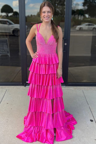 Glitter Fuchsia Spaghetti Straps A-Line Beaded Ruffled Long Prom Dress with Slit