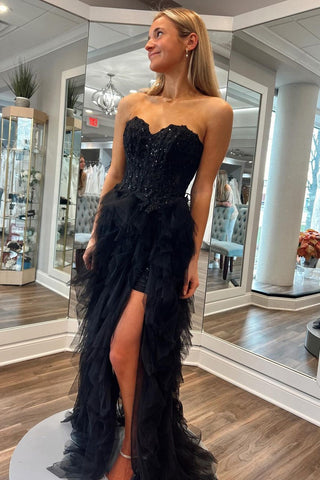 Black Sweetheart A-Line Tulle Tiered Long Corset Prom Dress with Appliques