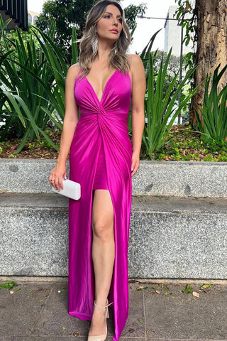 Fuchsia Spaghetti Straps Sheath Satin Ruched Long Prom Dress 