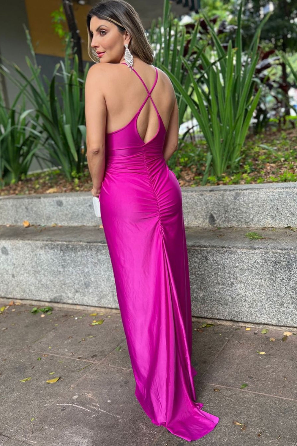 Fuchsia Spaghetti Straps Sheath Satin Ruched Long Prom Dress 