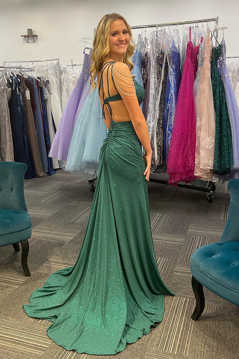 Dark Green One Shoulder Mermaid Beaded Long Prom Dress with High Slit