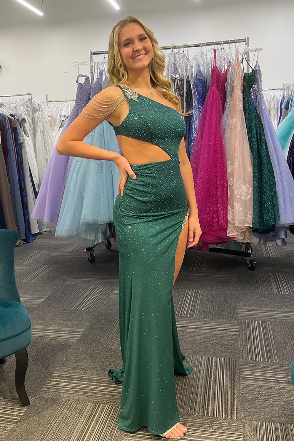 Dark Green One Shoulder Mermaid Beaded Long Prom Dress with High Slit