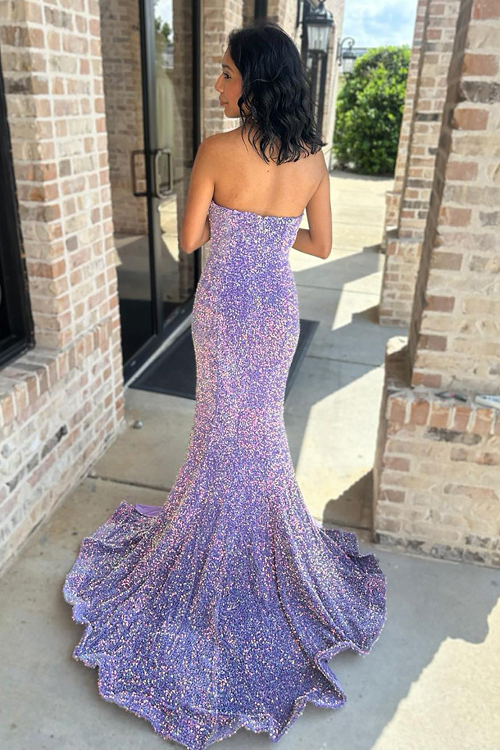 Sparkly Lilac Mermaid Sweetheart Beaded Corset Long Prom Dress with Slit