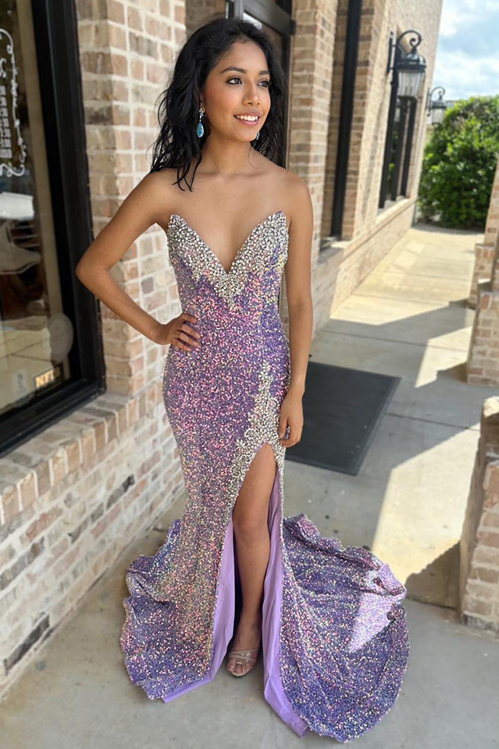 Sparkly Lilac Mermaid Sweetheart Beaded Corset Long Prom Dress with Slit