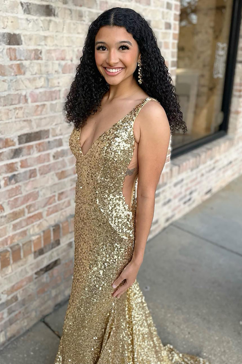 Glitter Gold V Neck Sequins Mermaid Long Prom Dress