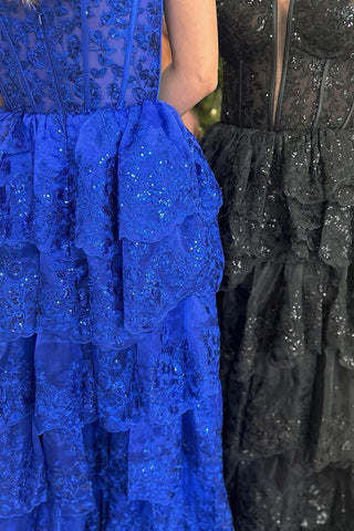 Royal Blue Tulle Appliques Sequins Spaghetti Straps Tiered Long Corset Prom Dress