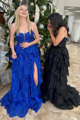 Royal Blue Tulle Appliques Sequins Spaghetti Straps Tiered Long Corset Prom Dress