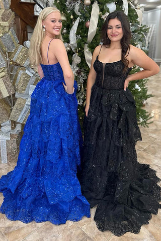 Royal Blue Tulle Appliques Sequins Spaghetti Straps Tiered Long Corset Prom Dress
