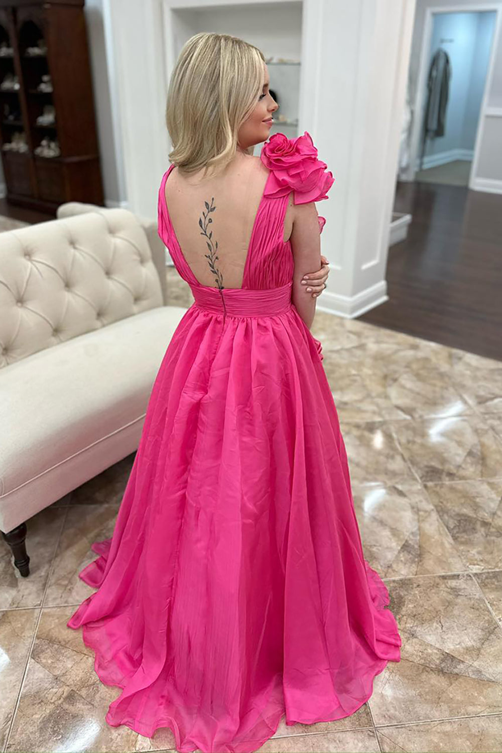 Fuchsia V Neck A Line Long Prom Dress with Ruffles