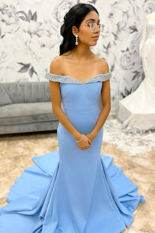 Red Off the Shoulder Mermaid Long Prom Dress with Beading