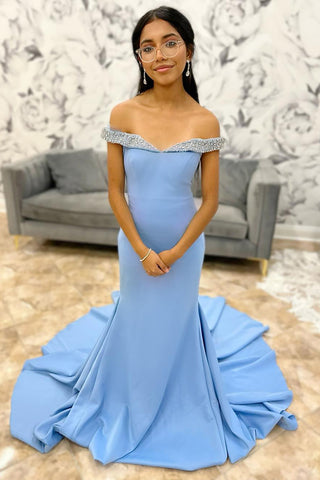 Red Off the Shoulder Mermaid Long Prom Dress with Beading