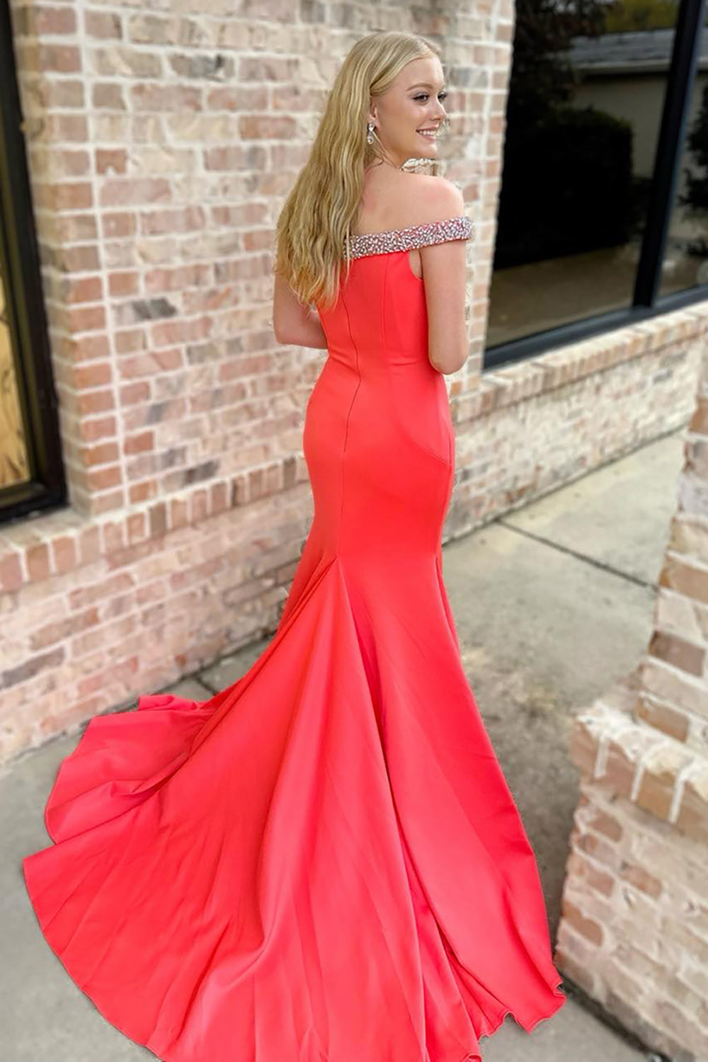 Red Off the Shoulder Mermaid Long Prom Dress with Beading