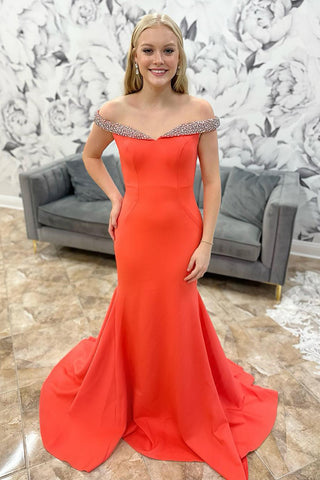 Red Off the Shoulder Mermaid Long Prom Dress with Beading