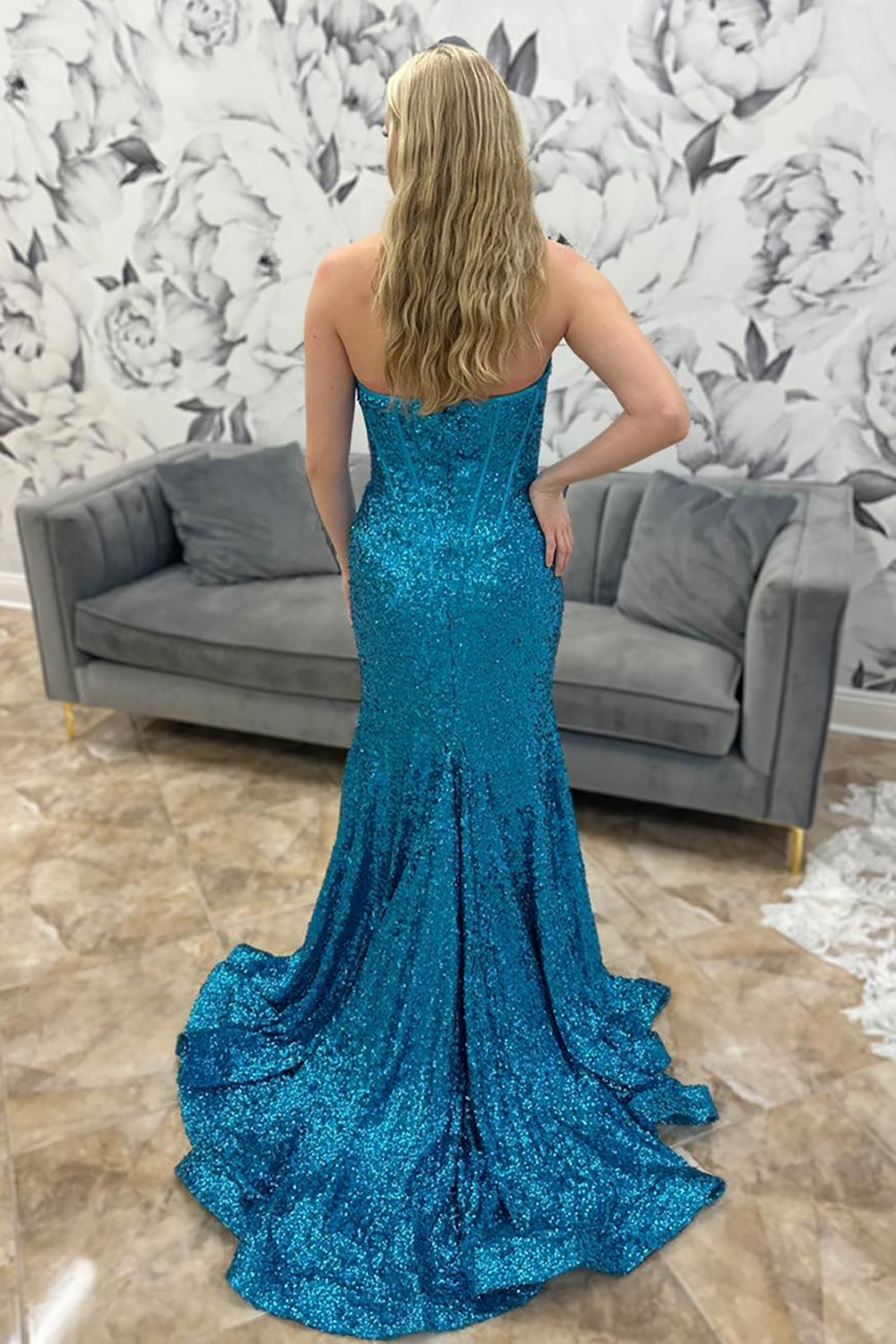 Sparkly Turquoise Sequins Sweetheart Mermaid Long Corset Prom Dress