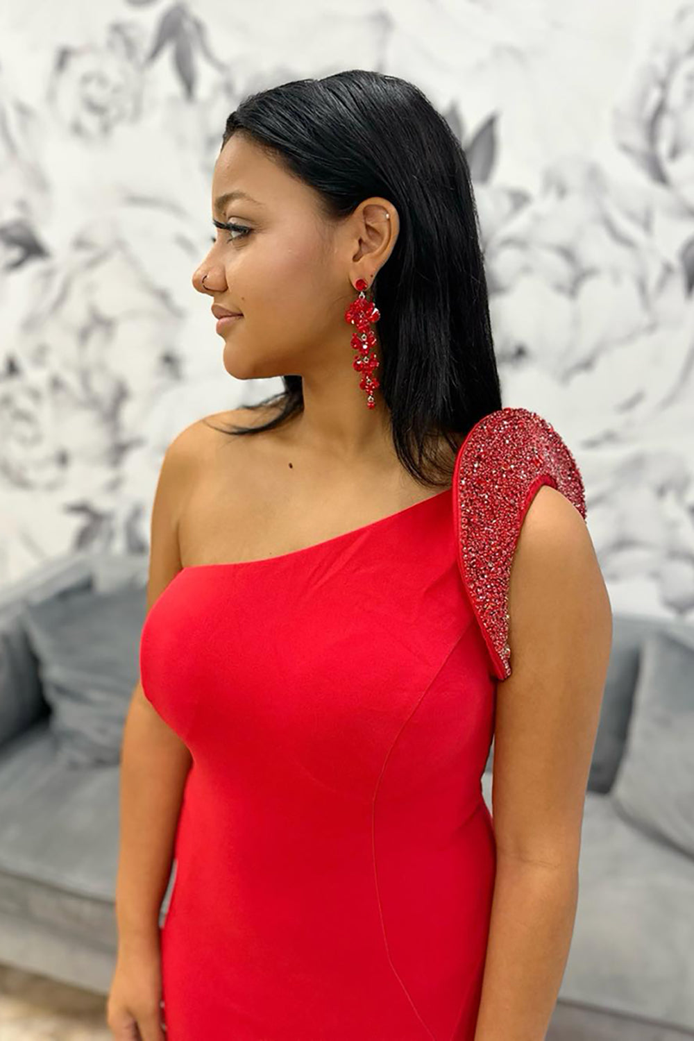 Red One Shoulder Mermaid Slit Long Prom Dress with Beading