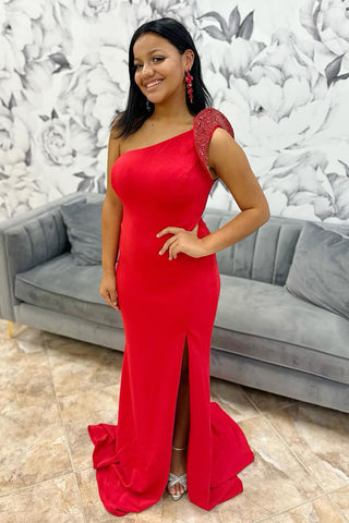 Red One Shoulder Mermaid Slit Long Prom Dress with Beading