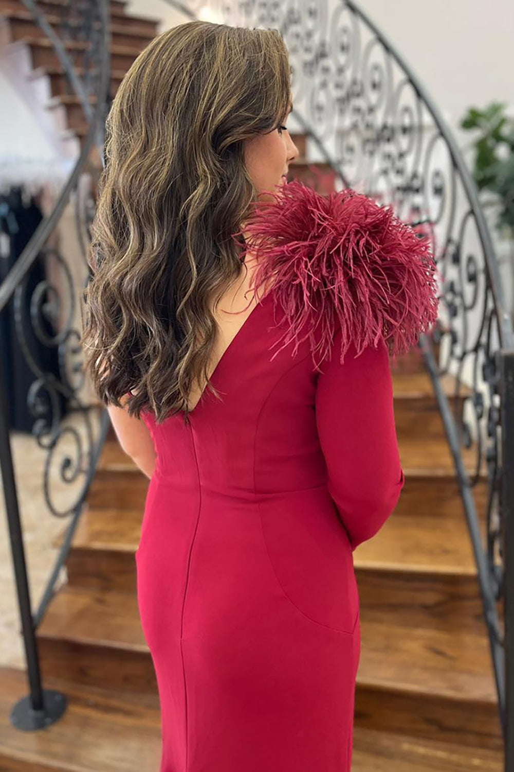 Burgundy One Shoulder Mermaid Feather Long Prom Dress with Slit