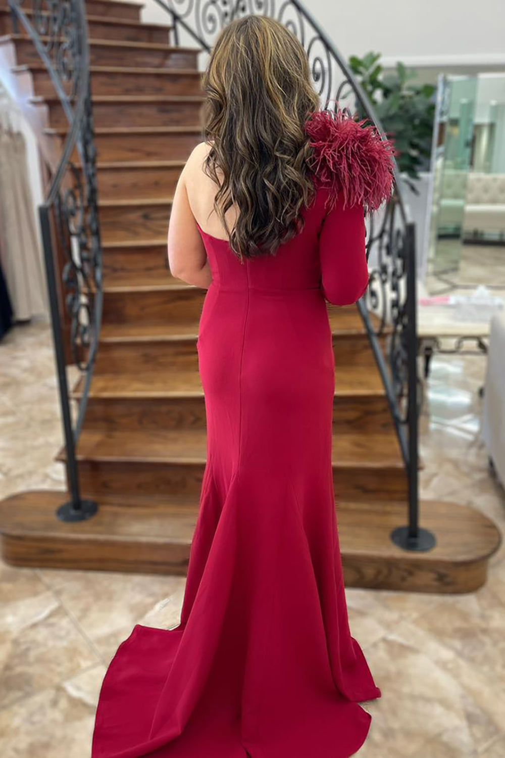 Burgundy One Shoulder Mermaid Feather Long Prom Dress with Slit