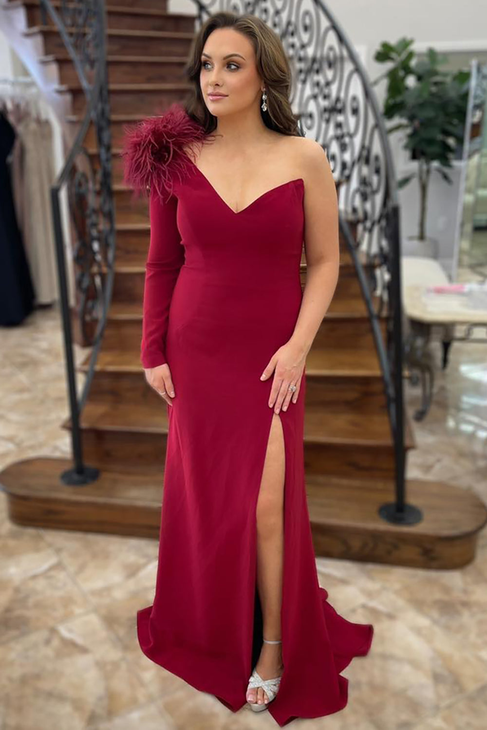 Burgundy One Shoulder Mermaid Feather Long Prom Dress with Slit