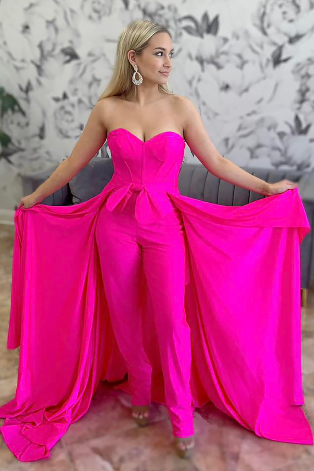 Fuchsia Sweetheart Corset Prom Jumpsuit with Bow